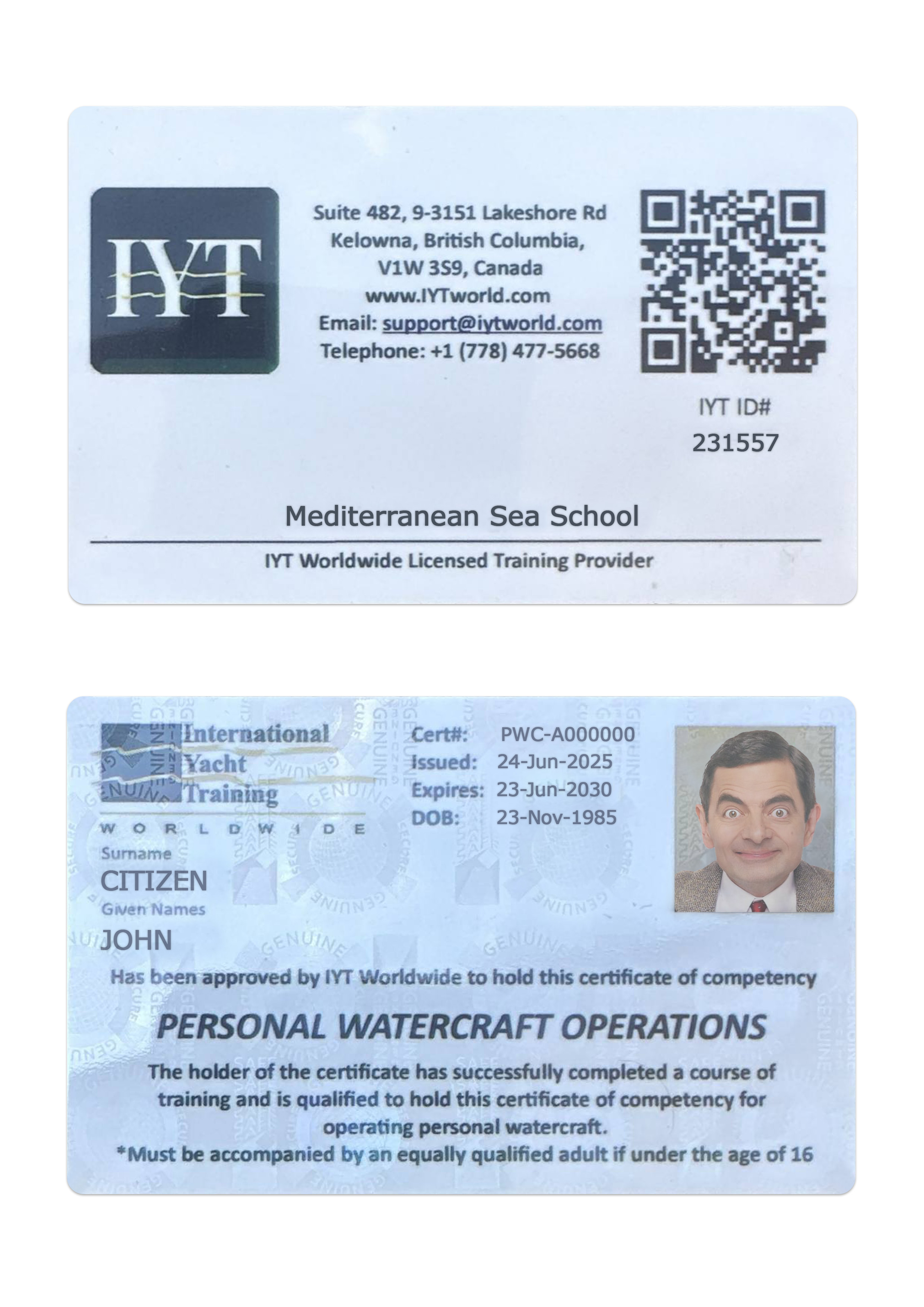 Canada British Columbia international yacht training card